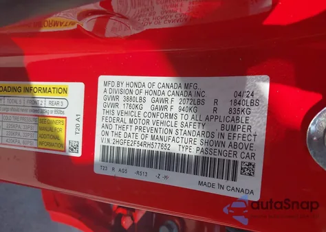 2024 Honda Civic Sport из США, поврежденный, VIN 2HGFE2F54RH577652